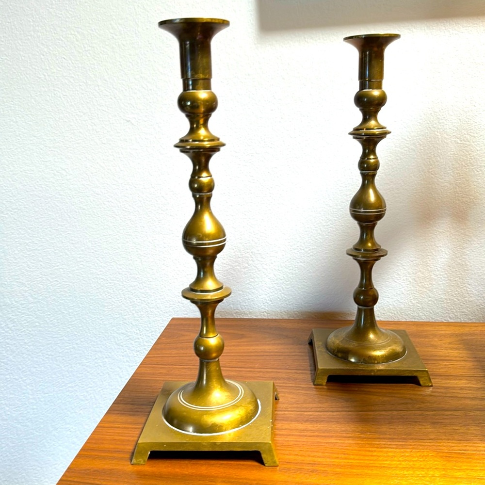 Solid brass candlesticks - natural patina and also polish up well!